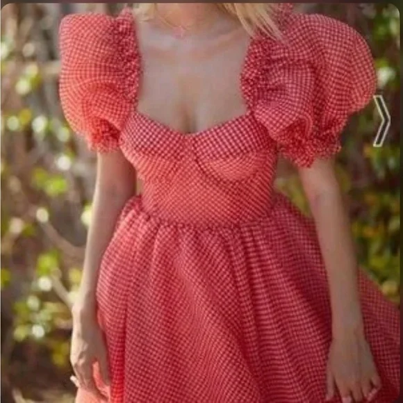 Selkie Red Gingham Puff Sleeve Ritz Gown - Picture 2 of 8